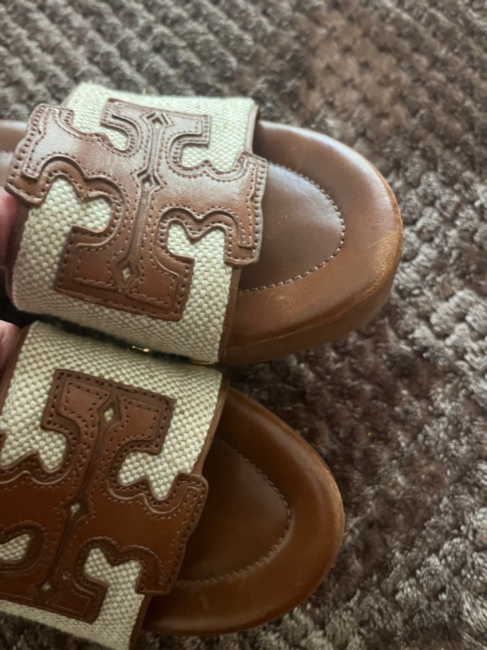 Tory Burch Brown Leather and Cream Canvas Logo Slide Mules - Picture 5 of 12